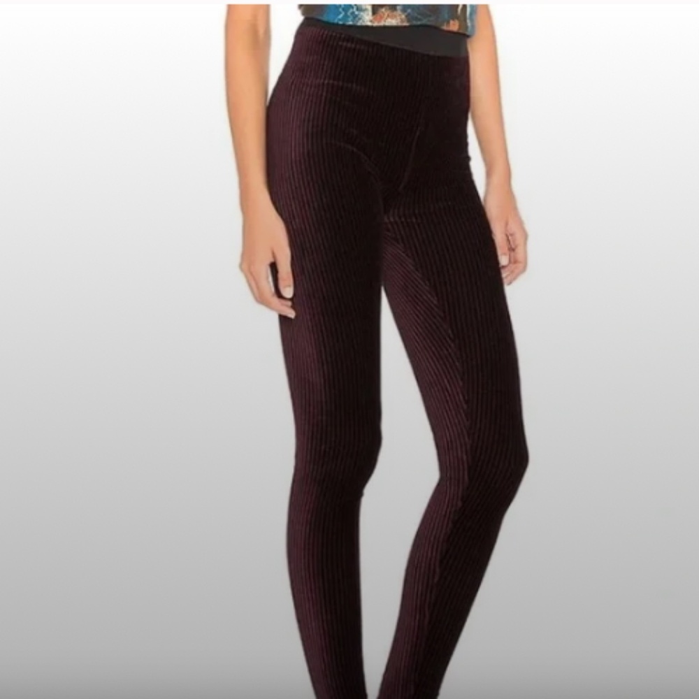 Free People Here We Go High Waist Velvet Balck/Plum Burgundy Striped Leggings S